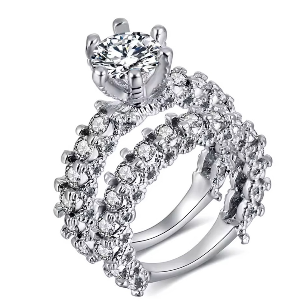 Silver Crystal Engagement Ring Set – Elegant Double Band Bridal 
Small size